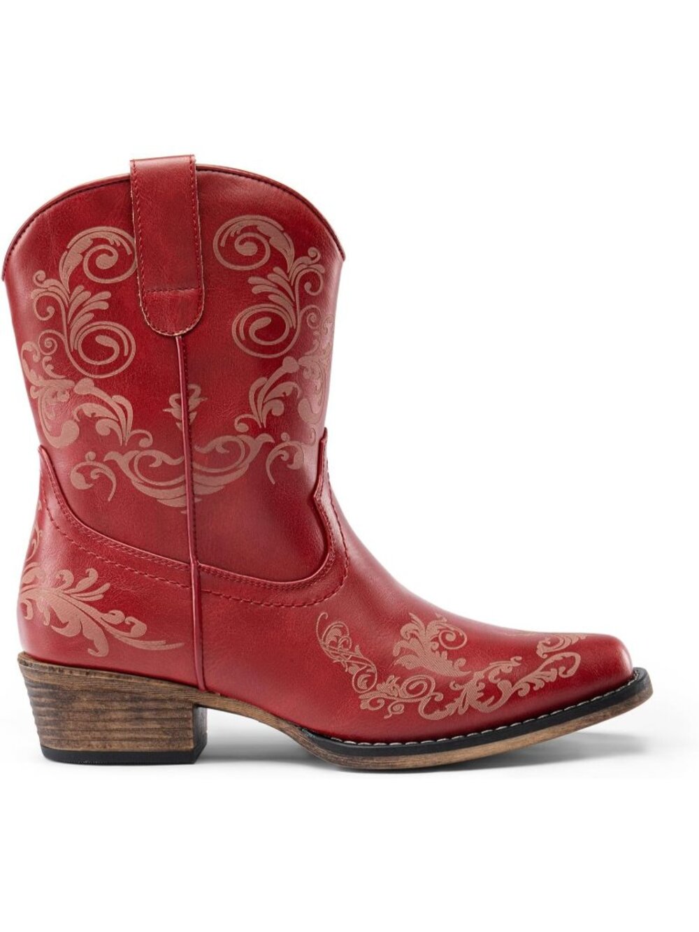 Women's Red Faux Leather Square Toe Fashion Dress Low Chunky Heel Cowgirl Boots - Picture 5 of 6